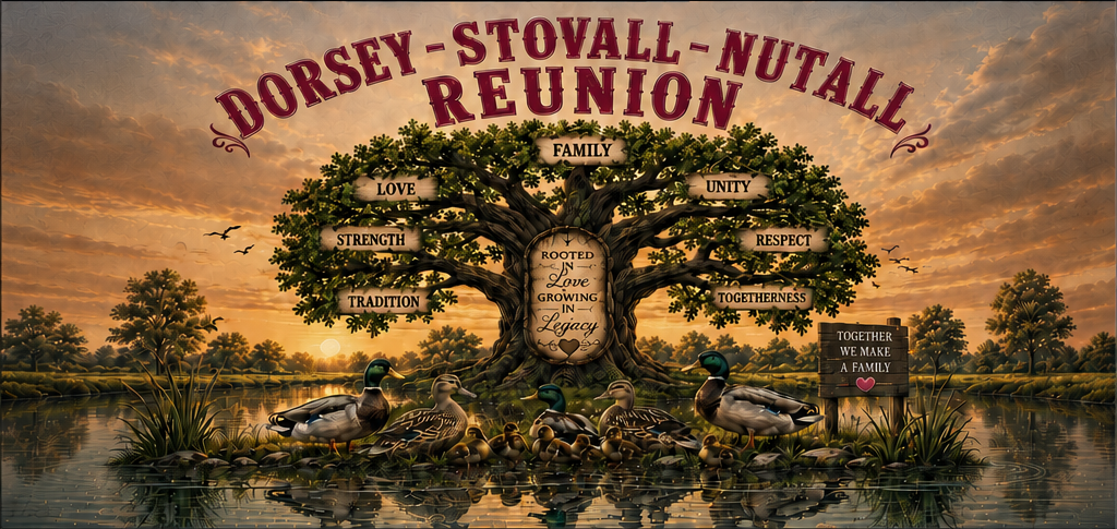 Dorsey-Stovall-Nutall family reunion legacy tree at sunset with the values family, love, unity, strength, respect, tradition, and togetherness.
